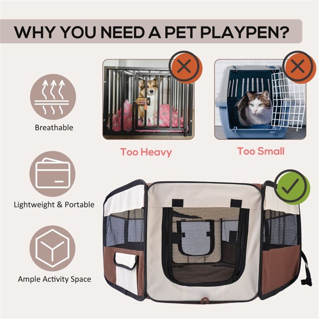 PawHut Foldable Pet Playpen with Waterproof Oxford Cover, Zipped Doors & Carry Bag – Small Pet Enclosure, Brown & Cream