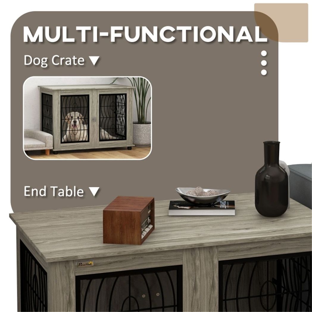Dog Crate Furniture Side Table with Cushion & Lockable Door – For Large Dogs up to 30kg, Grey Wood Effect