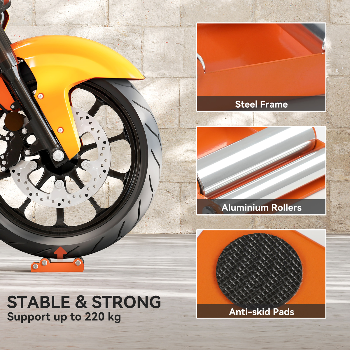 Wheel Roller Stand for Bike Wheel Cleaning and Chain Lubrication – Steel and Aluminium, 220kg Capacity, Orange