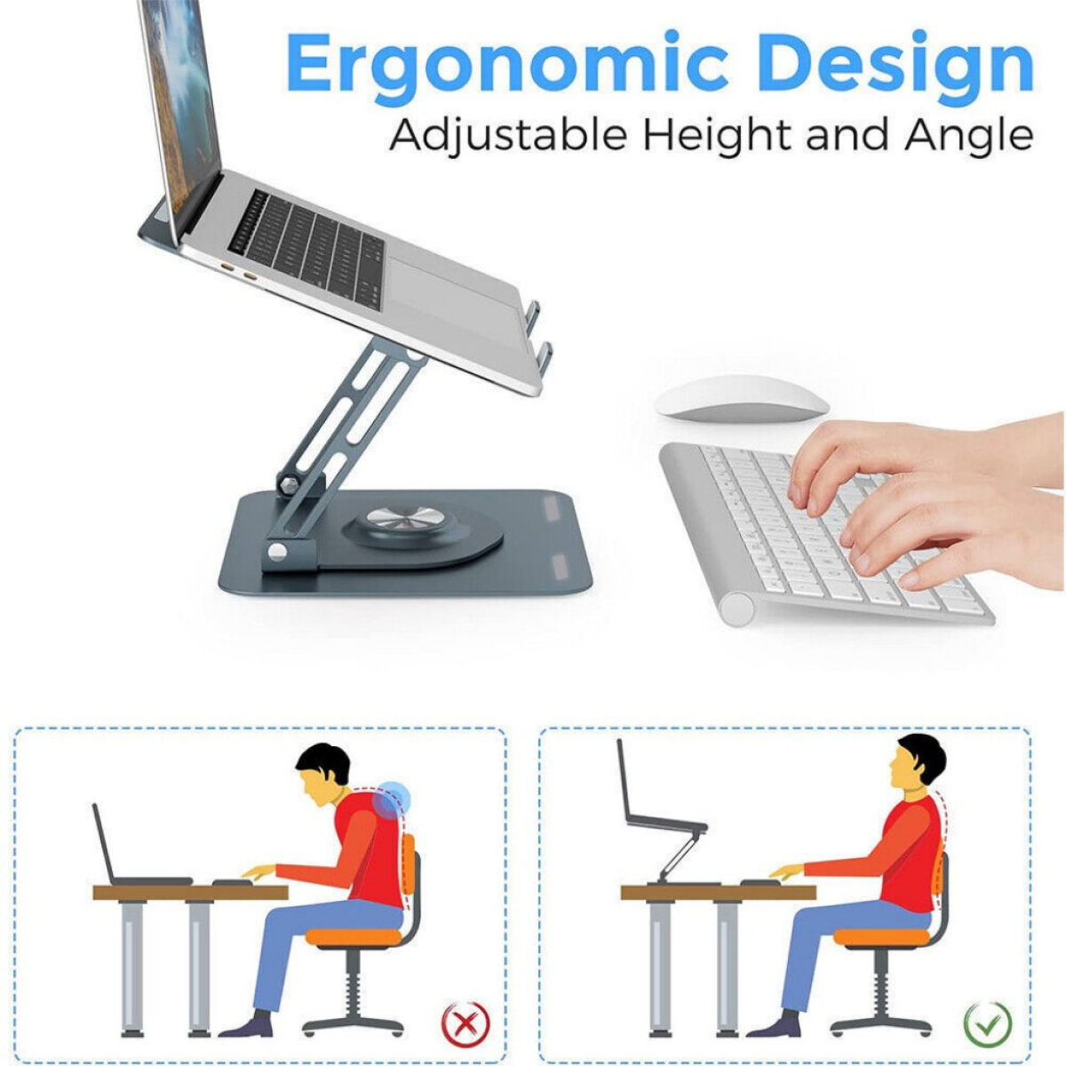 Foldable Metal Laptop & Tablet Stand with 360° Rotation – Adjustable Riser, Silicone Pad, 8kg Load