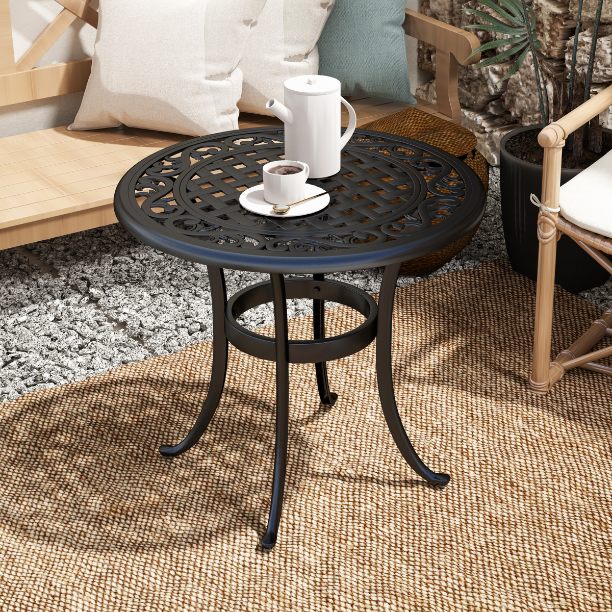 Outsunny Cast Aluminium Garden Side Table with Adjustable Footpads, 60kg Capacity – Outdoor Patio Table, Black