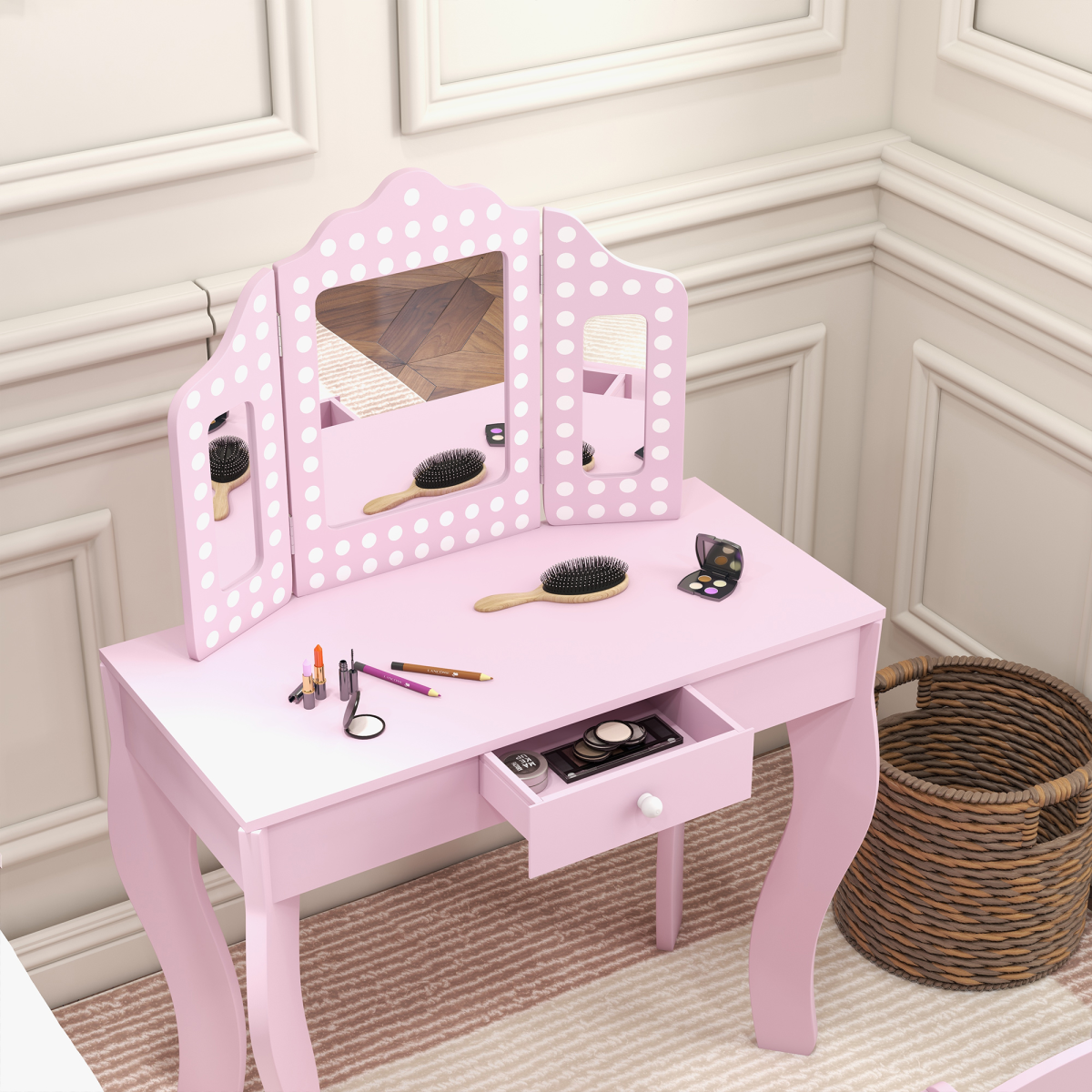 AIYAPLAY Kids Dressing Table Set with Tri-Fold Mirror, Stool and Drawer – Playroom Make Up Vanity, Pink