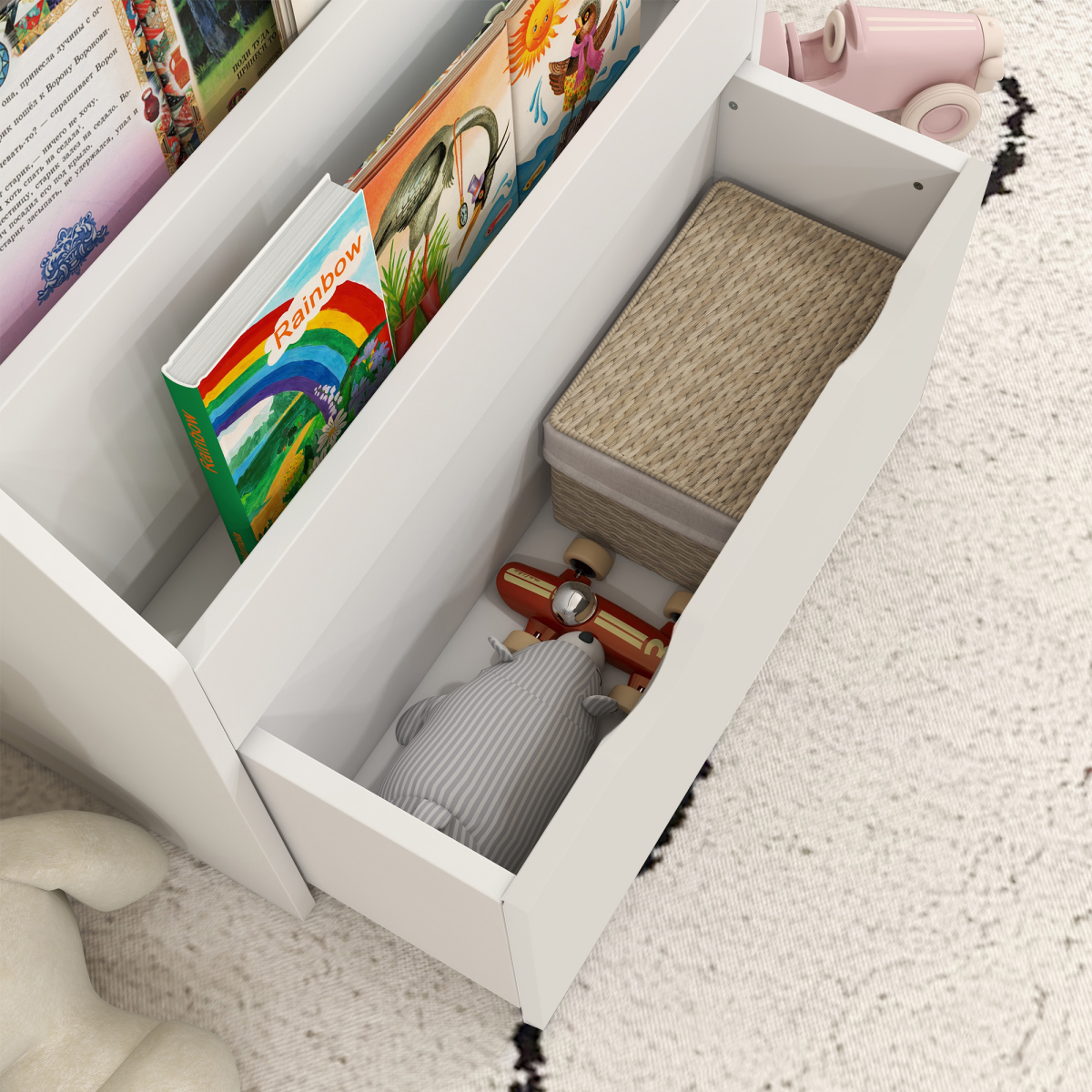 AIYAPLAY Kids Bookcase with 3 Tier Shelves & Wheeled Drawer – Toy Storage for Bedroom & Nursery, White