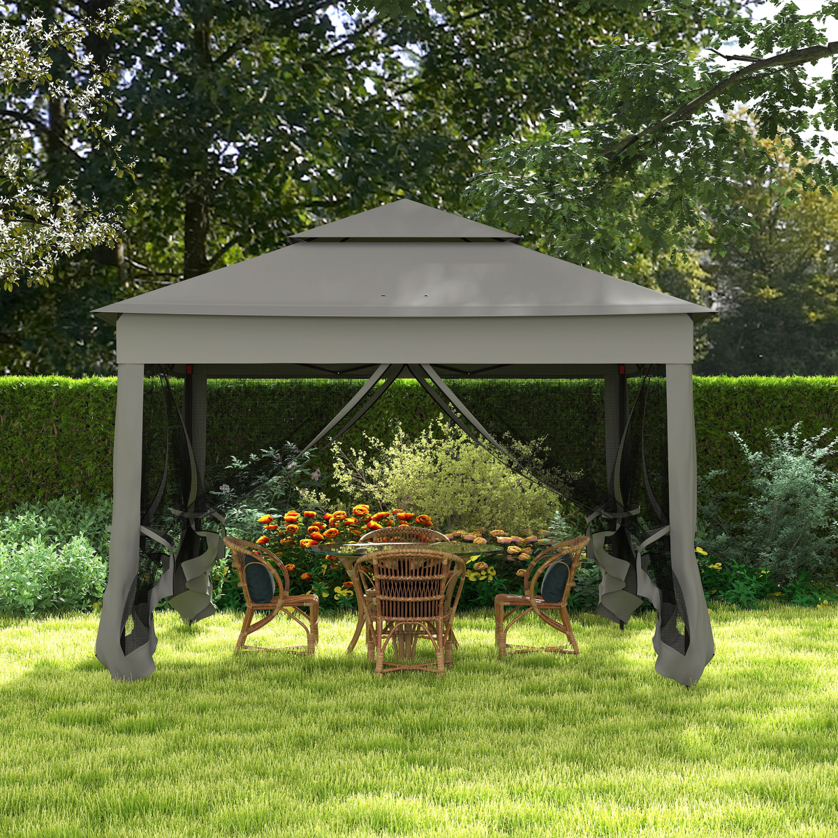 Outsunny 3.25m Pop-Up Gazebo with Net Curtains & Drainage Holes – Folding Party Tent, Dark Grey