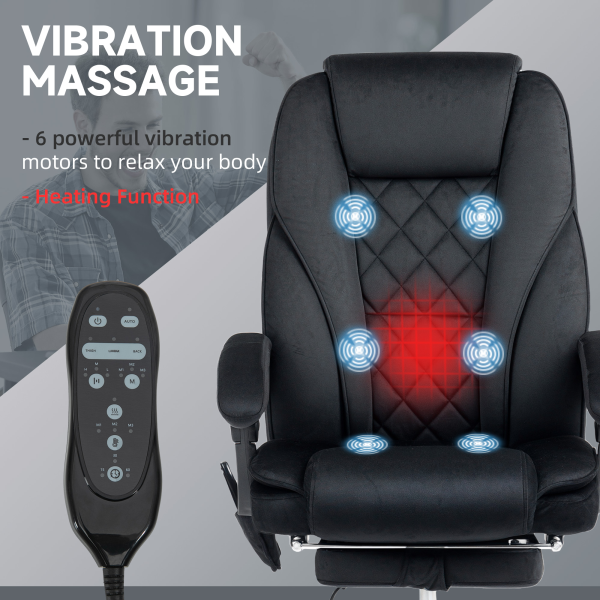 Heated Massage Office Chair with Footrest, Remote & 135° Recline – Home Office Relaxation Chair, Black Velvet