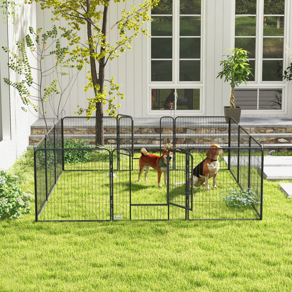 PawHut Heavy Duty Puppy Play Pen with 12 Panels and 2 Lockable Doors – Indoor Outdoor Pet Exercise Pen, Grey