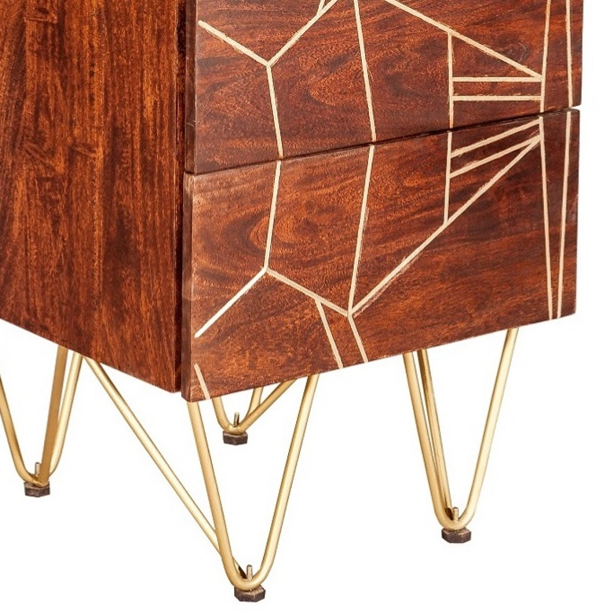Indian Hub Dark Gold Tall Chest of Drawers, Solid Wood with Metal Inlay