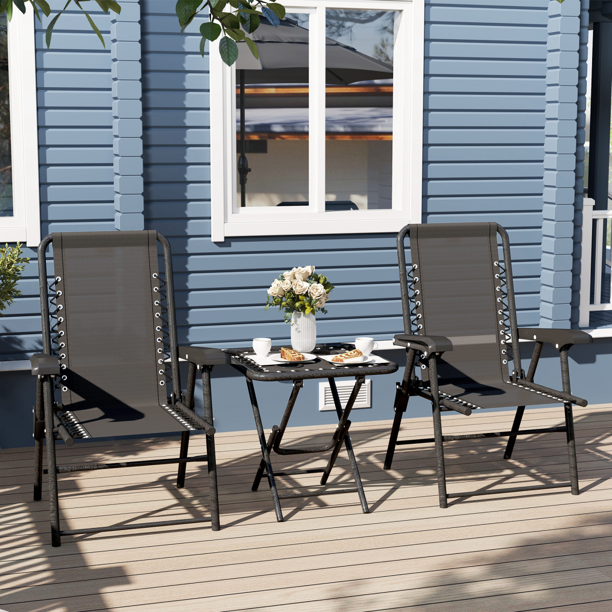 Outsunny 3 Piece Folding Garden Bistro Set with 2 Chairs, Table & Cup Holders – Texteline Seats, Black