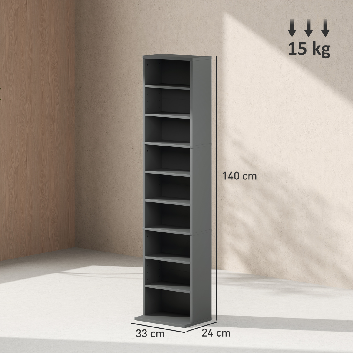 Tall Narrow Bookcase Storage Cabinet for 260 CDs / 120 DVDs – Slim Bookshelf with Anti-Tipping Straps, Grey