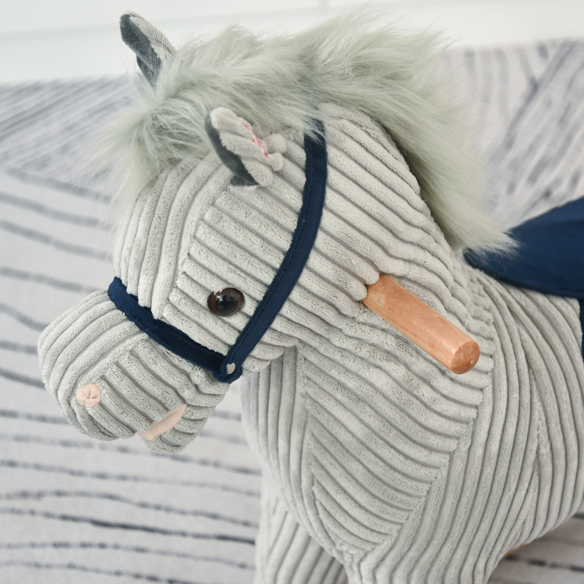 Kids Wooden Rocking Horse with Corduroy Finish, Footrest & Neighing Sounds – Traditional Ride-On, Grey