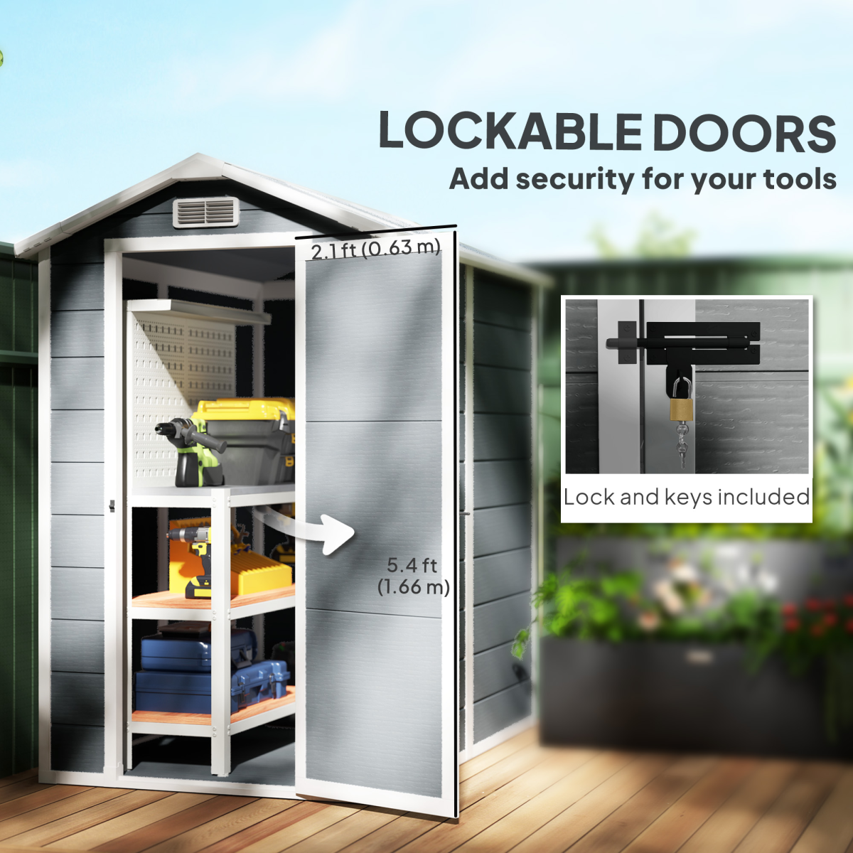 Outsunny Grey Weatherproof Tool Shed with Lock, Floor Panel & Vents – Garden Storage, 131 x 186 x 198cm