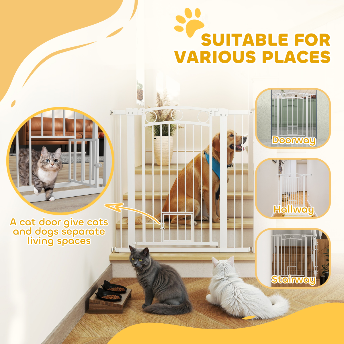PawHut Stair Gate with Cat Door, Adjustable 76–104cm Width, 106cm Tall – Pet Safety Gate
