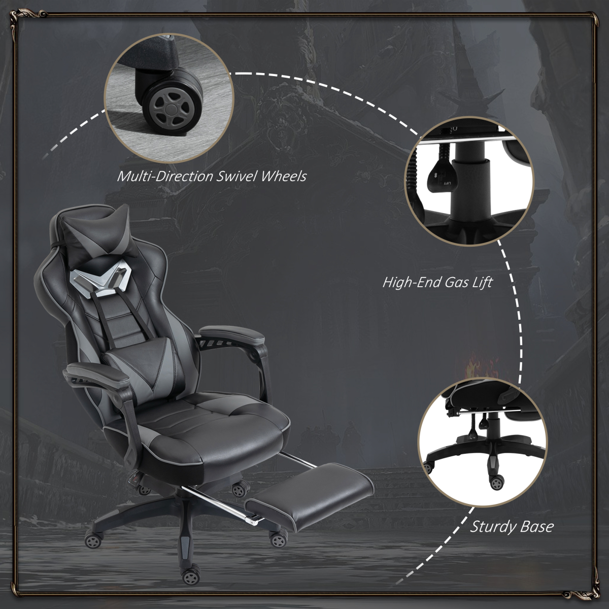Vinsetto Reclining Racing Gaming Chair with Footrest & 170° Recline – Ergonomic Office Chair, Grey