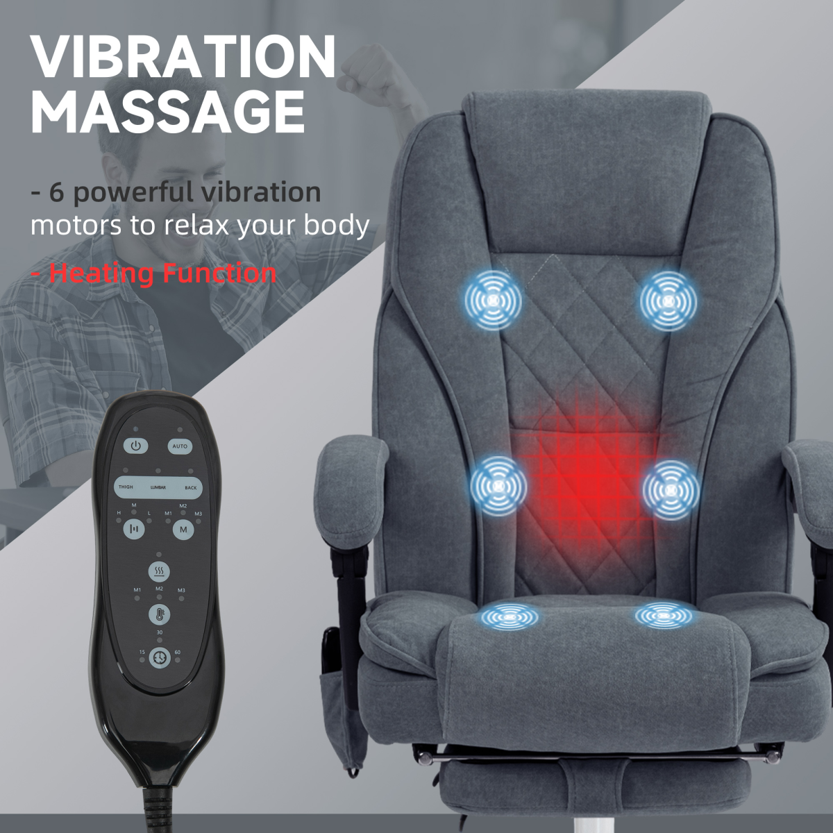Heated Massage Office Chair with Footrest, Remote & 135° Recline – Home Office Relaxation Chair, Dark Grey Velvet