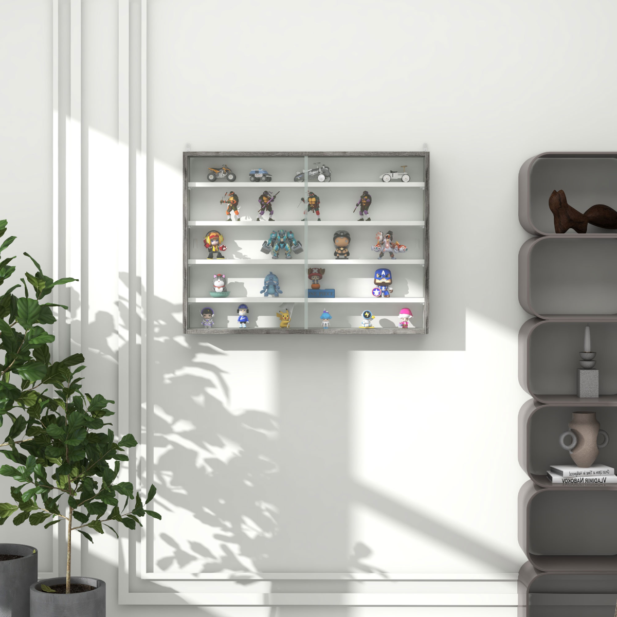 HOMCOM 5-Tier Wall Display Cabinet with Glass Doors & Adjustable Shelves – Space-Saving Wall Storage, Grey