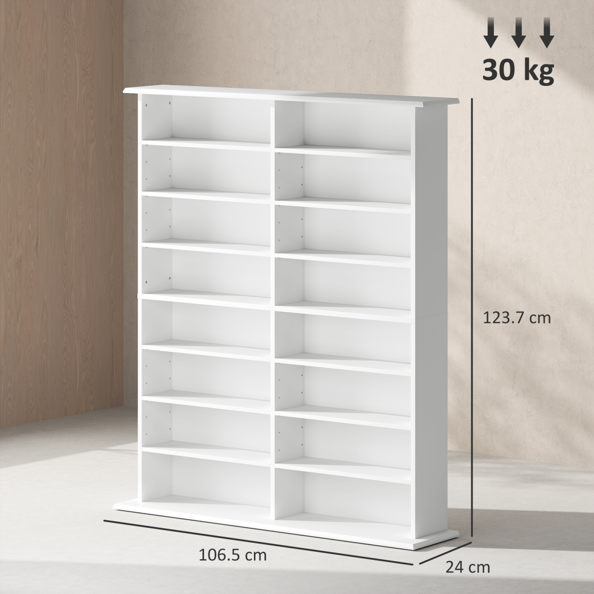 CD & DVD Storage Unit with 16 Compartments & Adjustable Shelves – Slim Media Shelf for 720 CDs, White