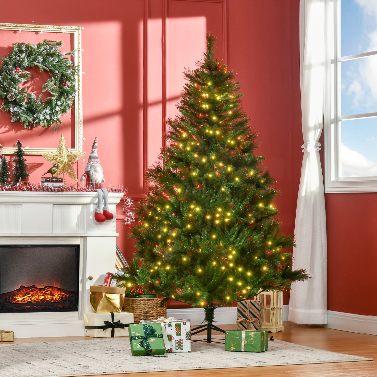 HOMCOM 6ft Pre-Lit Artificial Spruce Christmas Tree with 200 LED Lights & Foldable Metal Base – Green