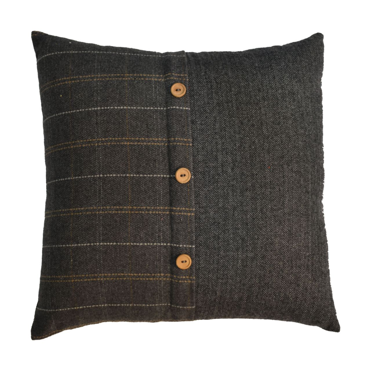 Artisan Furniture Quinn Pewter Tweed & Black Button Cushions, Set of 2 – Wool-Texture Scatter Cushions