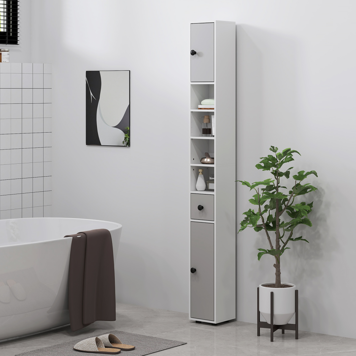 kleankin Slim Bathroom Cabinet with Drawer and Adjustable Shelves – Toilet Roll Storage Unit, Light Grey