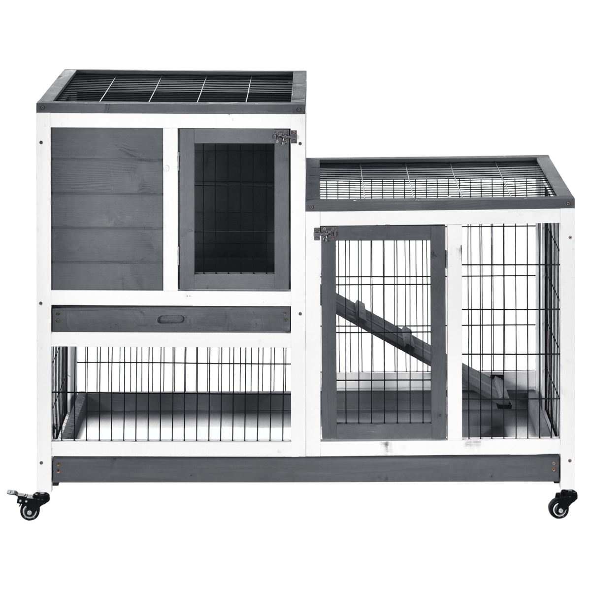 PawHut Wooden Two-Tier Rabbit Hutch with Wheels, Ramp and Slide-Out Trays – Indoor Guinea Pig House