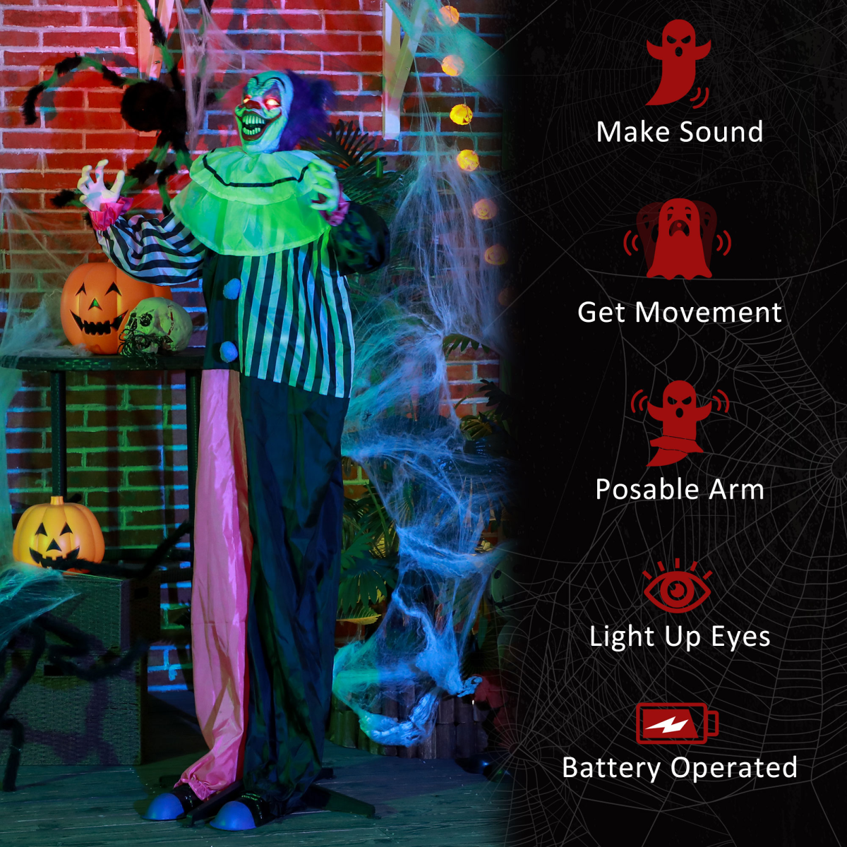 HOMCOM Halloween Animatronic Clown Prop with Light-Up Eyes, Moving Head & Sounds – Indoor Outdoor Decoration