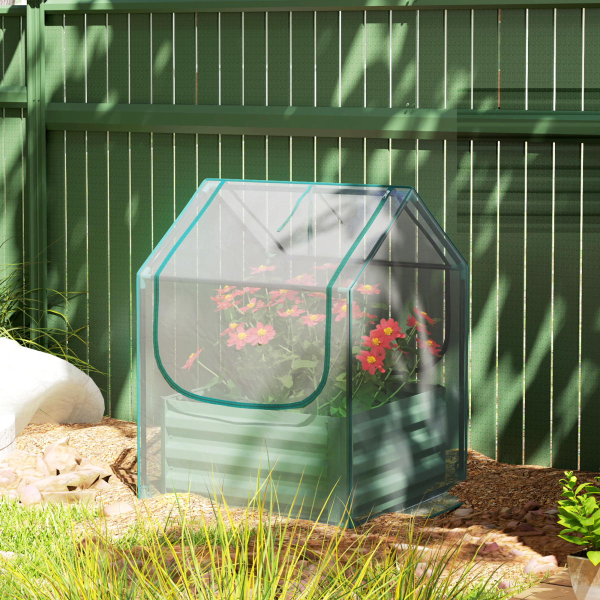 Outsunny Raised Garden Bed Planter with Clear Greenhouse Cover & 2 Roll-Up Windows – Clear & Green