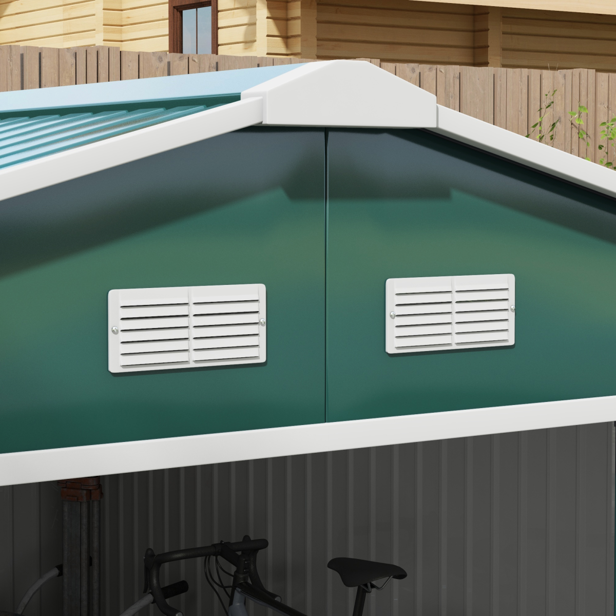 Outsunny 13ft x 11ft Galvanised Metal Garden Shed with Sliding Doors, Foundation & Ventilation – Outdoor Storage, Green