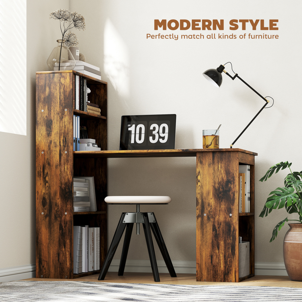 Computer Desk with 6 Storage Shelves & Large Work Surface – 120cm Home Office Writing Table, Rustic Brown