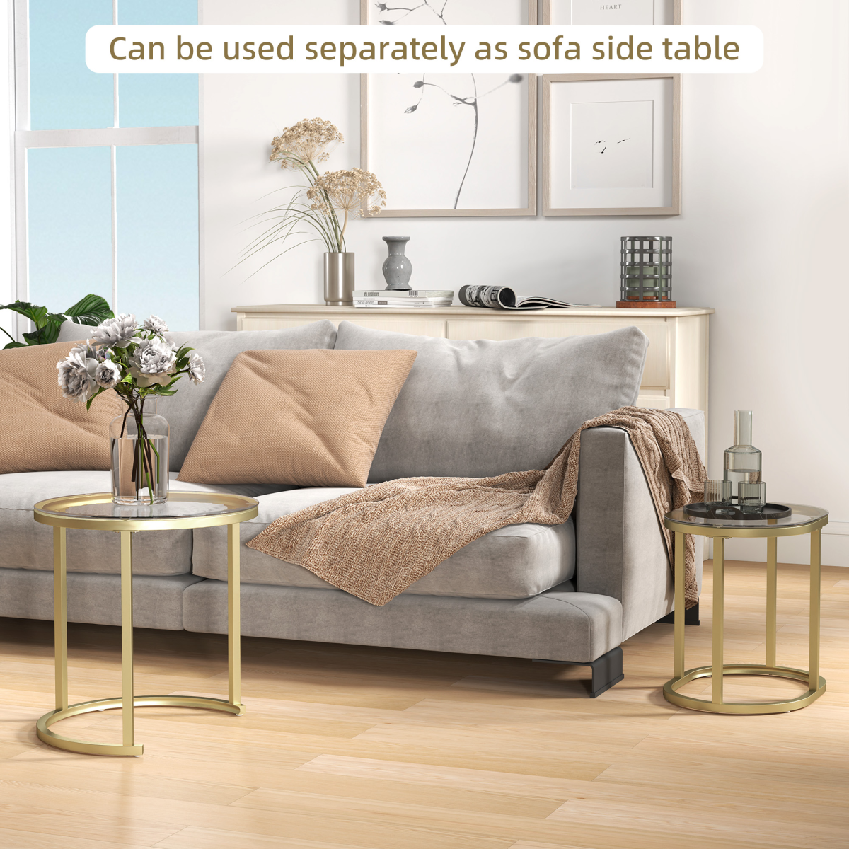 HOMCOM Glass Accent Table Set with Gold Tone Steel Frames – Round & Oblong Side Tables, Clear Tempered Glass