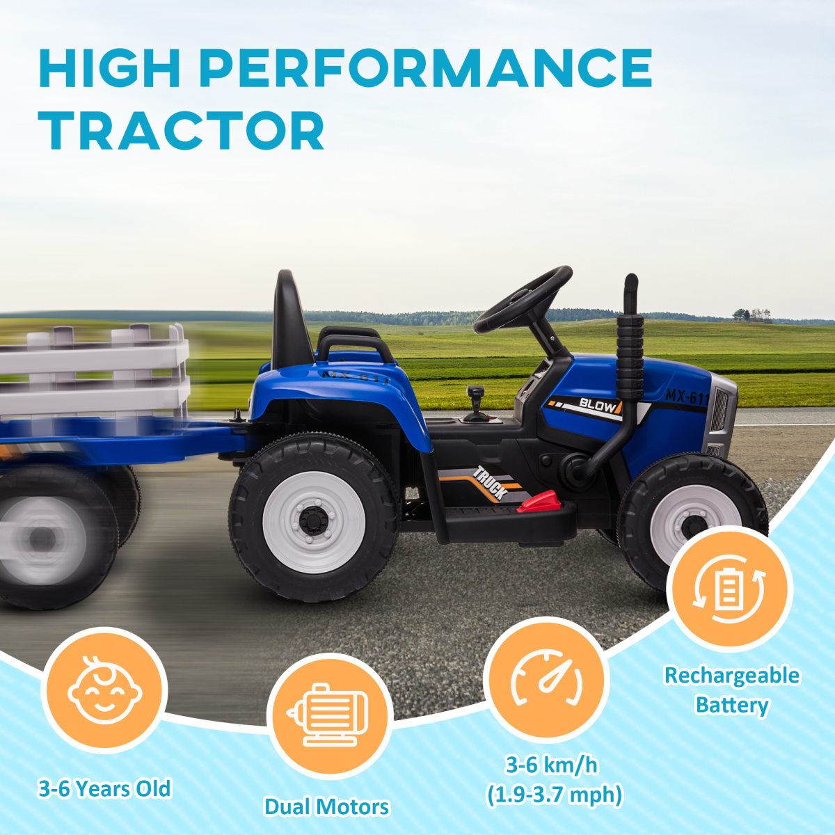 HOMCOM Ride-On Tractor with Detachable Trailer, Remote Control & Music – Kids Electric Toy, Blue
