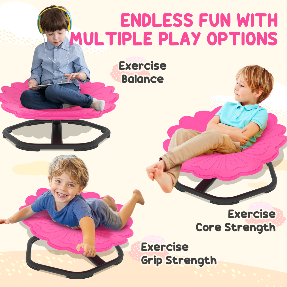 Kids Sensory Spinning Chair with 360° Swivel & Steel Base – Flower-Shaped Seat for Ages 3-6, Pink and Black