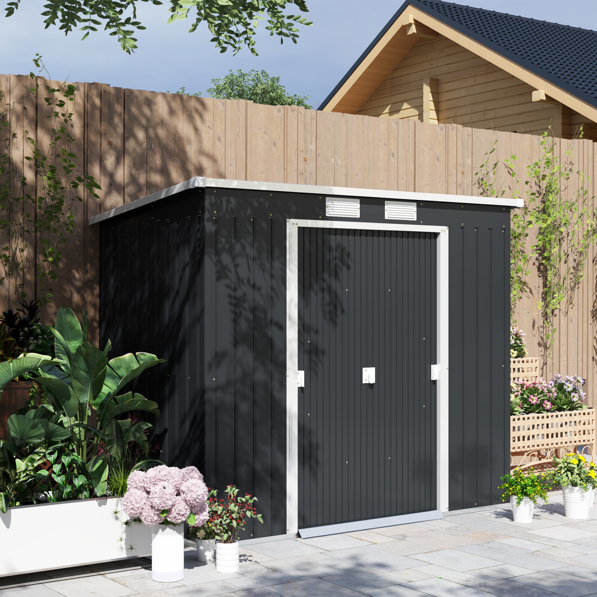 Outsunny 7x4ft Metal Garden Storage Shed with Sliding Double Door – Galvanised Steel Tool Shed, Dark Grey