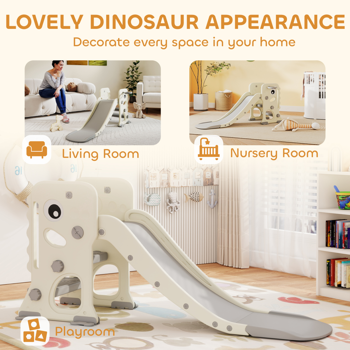 AIYAPLAY Foldable 3-in-1 Kids Slide with Climber and Basketball Hoop – Dinosaur Theme Playset, Cream White