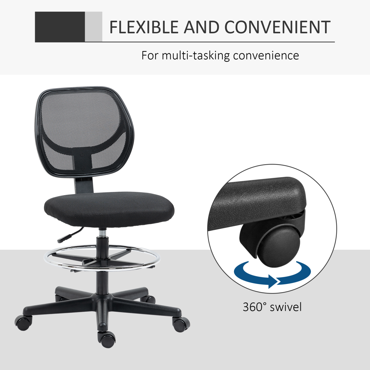 Vinsetto Tall Draughtsman Chair with Footrest Ring & Mesh Back – Drafting Stool for Standing Desks, Black