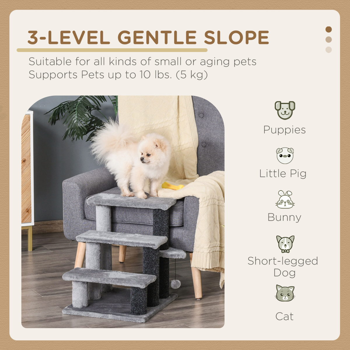 Compact Cat Tree with Step Platform, Scratching Posts and Hanging Ball – Easy-Access Cat Climber, Light Grey