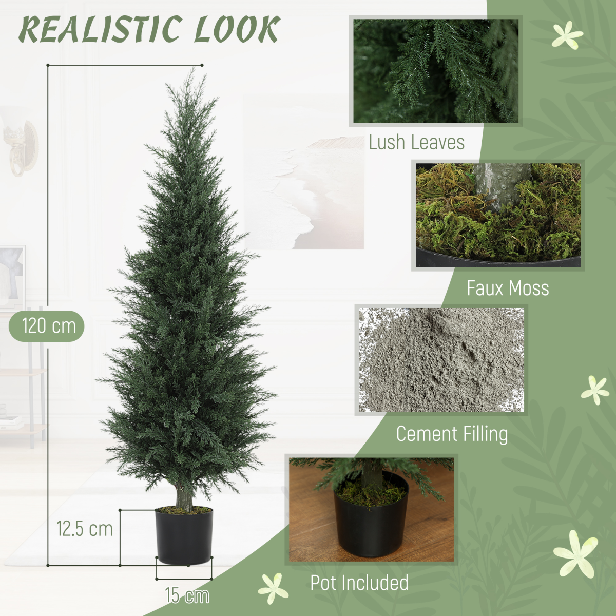 Set of 2 Artificial Cypress Trees in Pots, 120cm Tall – UV-Resistant Fake Plants for Home & Office, Green