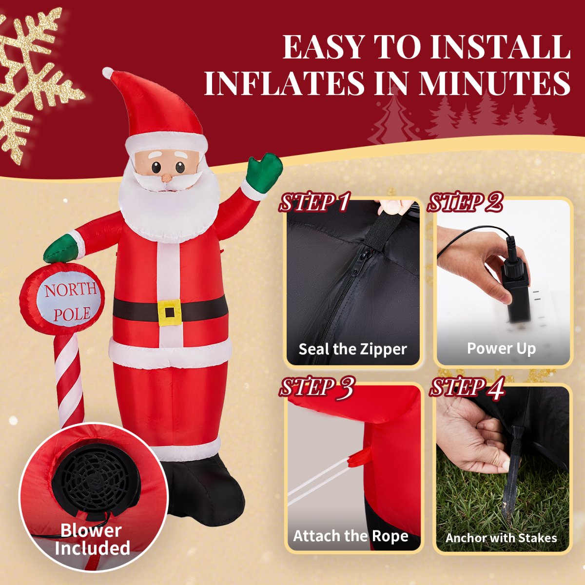 2.45m Inflatable Christmas Santa with North Pole Sign and LEDs – Outdoor Garden Decoration