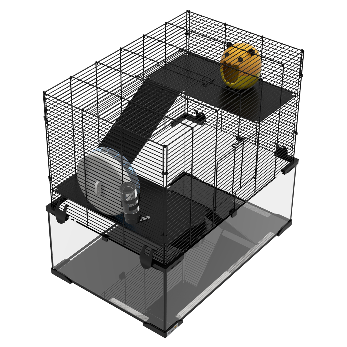PawHut 3-Tier Hamster Cage with Deep Glass Base, Running Wheel, Food Bowl and Hut – 60 x 40 x 57cm