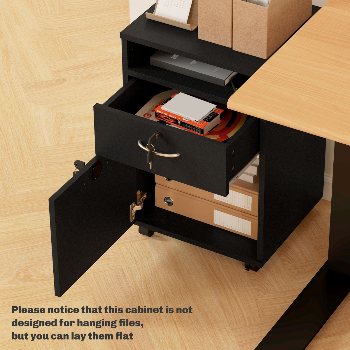 HOMCOM 60cm Mobile Storage Cabinet with Drawer, Cupboard and Open Shelf – Lockable Wheels, Black
