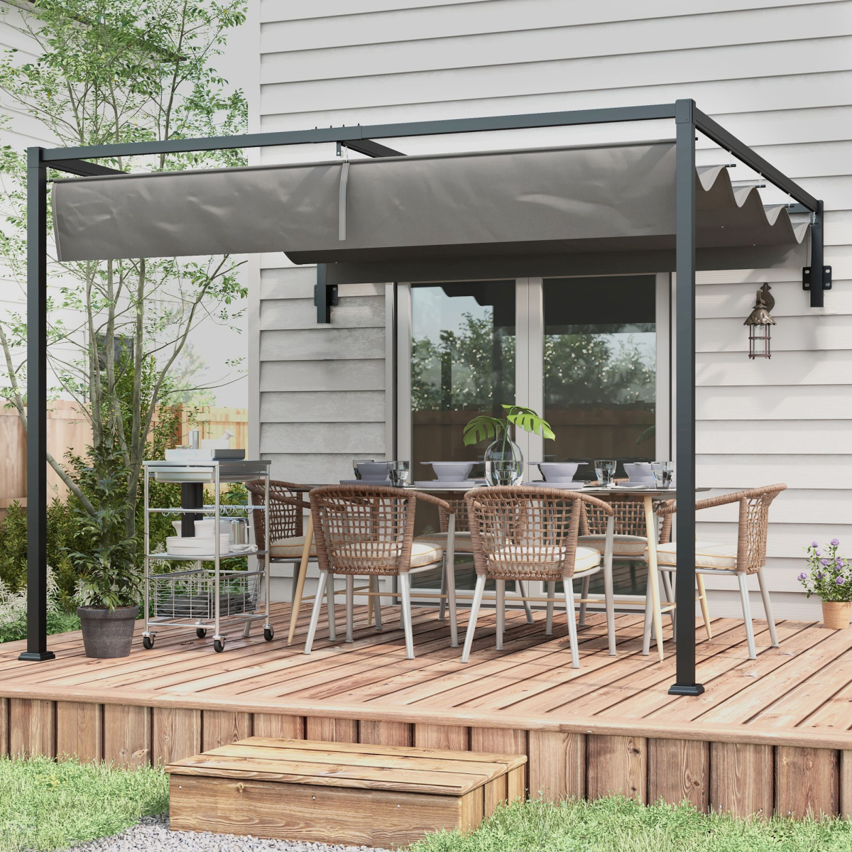 Outsunny 3x4m Wall Mounted Pergola with Retractable Canopy – UV-Resistant Sun Shade, Dark Grey