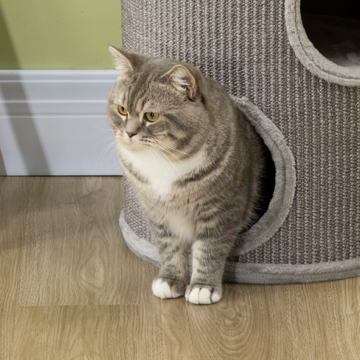 PawHut Cat Barrel Tree Tower for Indoor Cats and Kittens with Sisal Cover and Cosy Platform – Light Grey