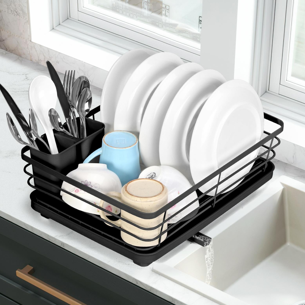 Vinsani Stainless Steel Dish Rack with Rotating Drainage Tube & Utensil Holder – Space-Saving Drainer