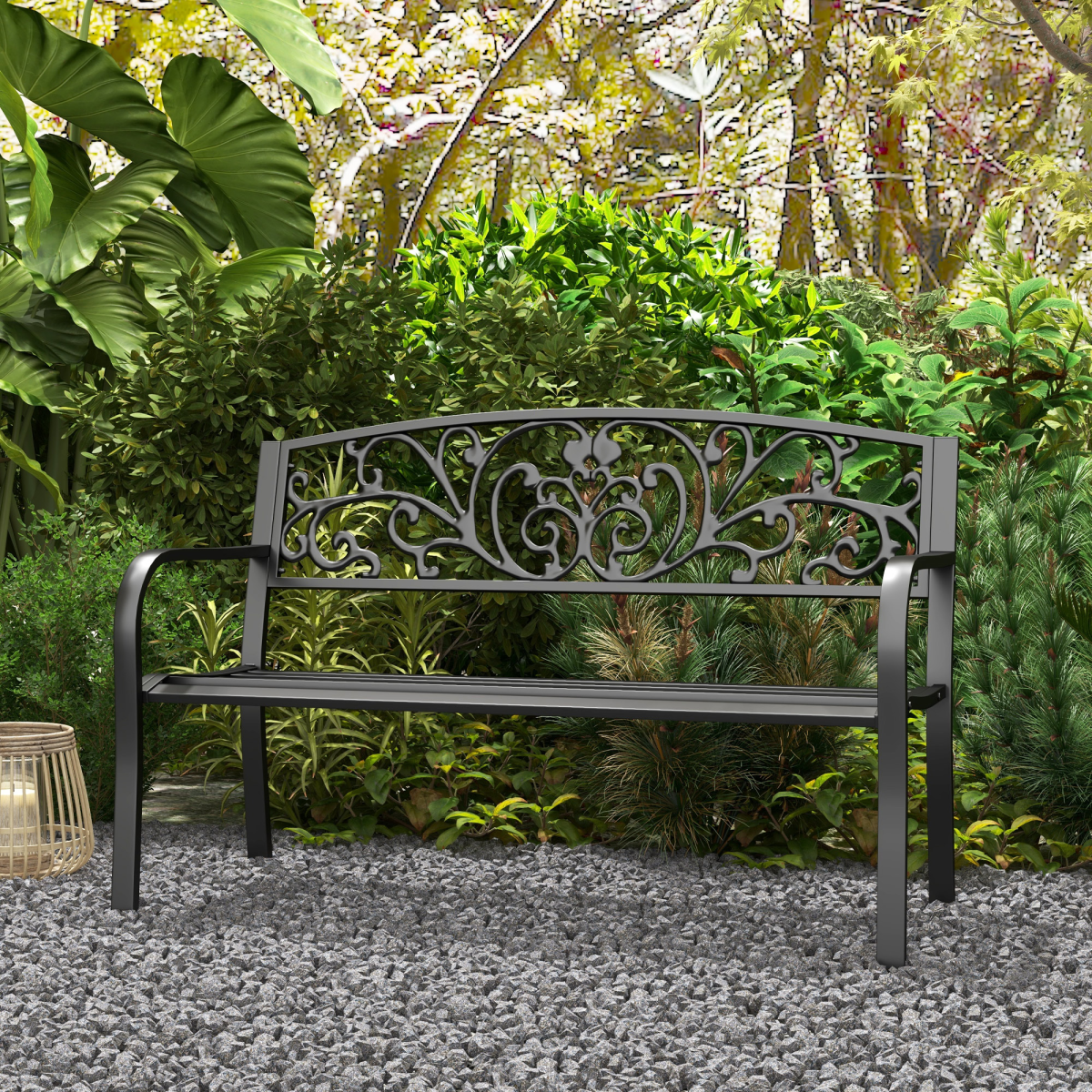 Outsunny 2-Seater Powder Coated Steel Garden Bench with Floral Backrest – Patio Seating, Black