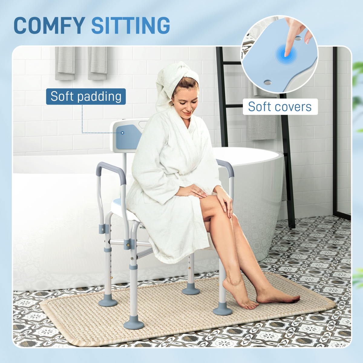 HOMCOM Padded Bath Chair with Slotted Seat and Adjustable Height – Aluminium Shower Seat with Handles