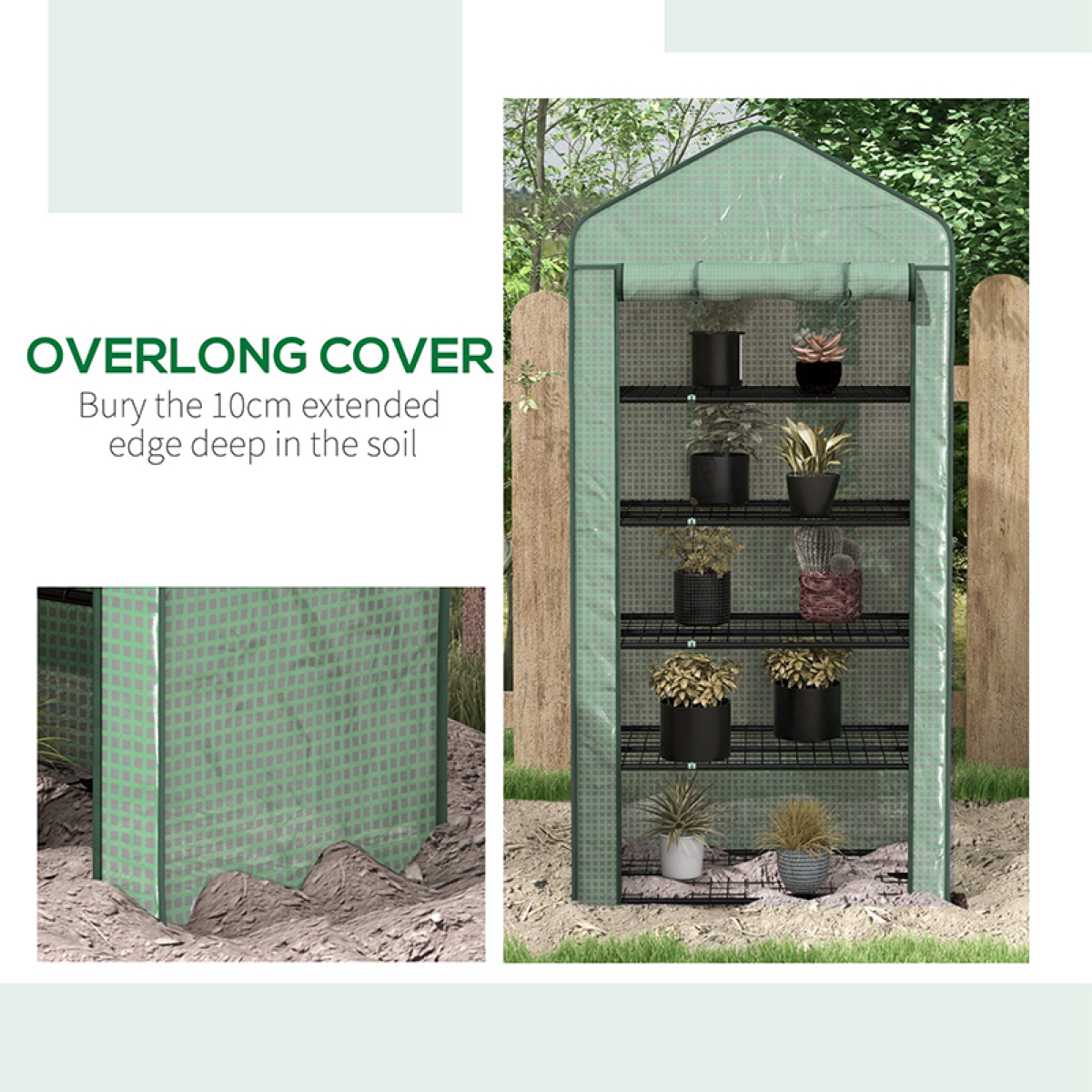 Outsunny 5-Tier Mini Greenhouse with Widened PE Cover & Steel Wire Shelves, 90 x 49 x 193 cm – Green