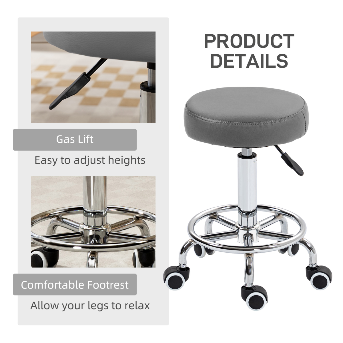 Vinsetto Round PU Leather Salon Stool with Footrest and Adjustable Height – 5 Wheels, Backless Design, Grey