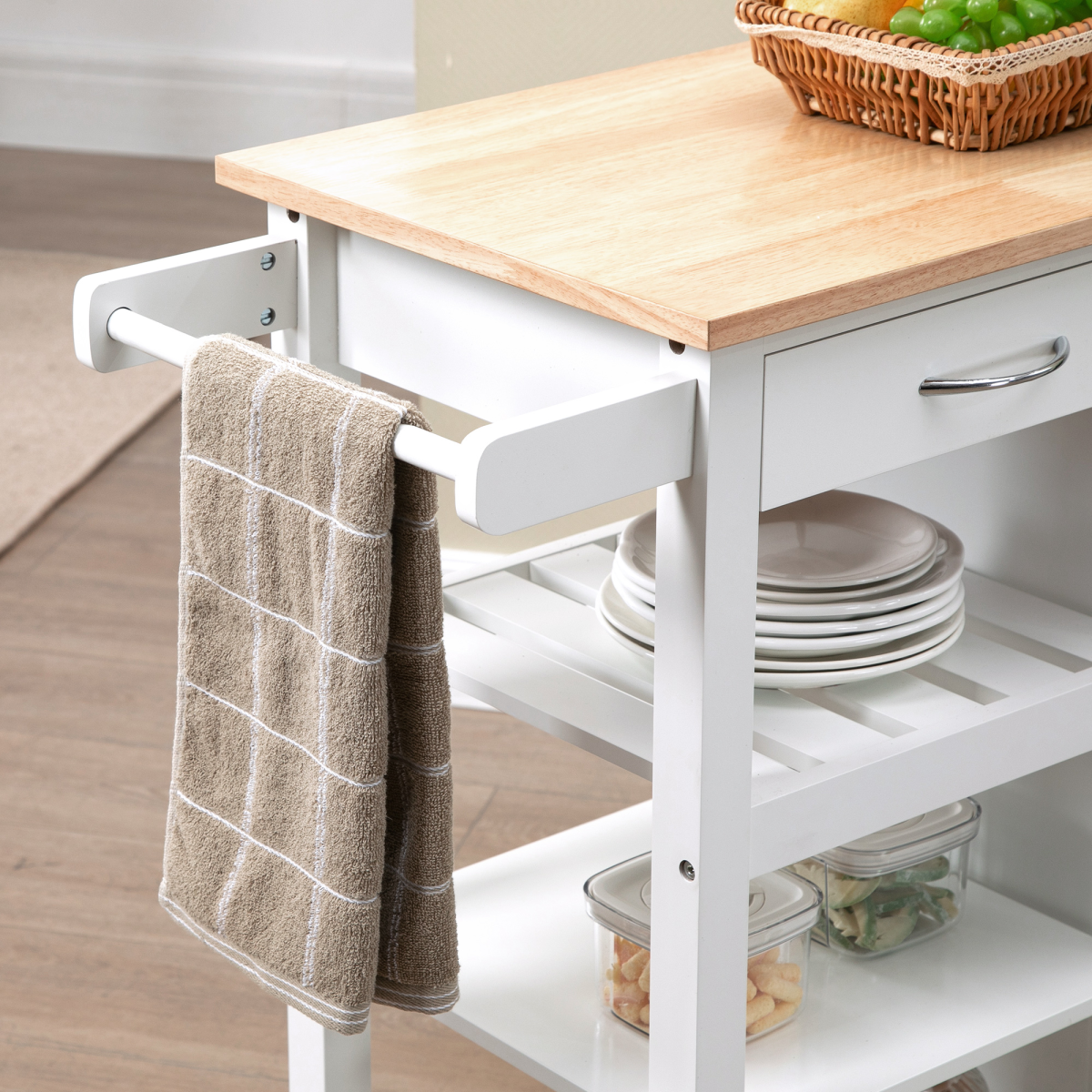 HOMCOM Kitchen Island Cart with Drawer, Cabinet, 3-Tier Open Shelves & Towel Rack – White