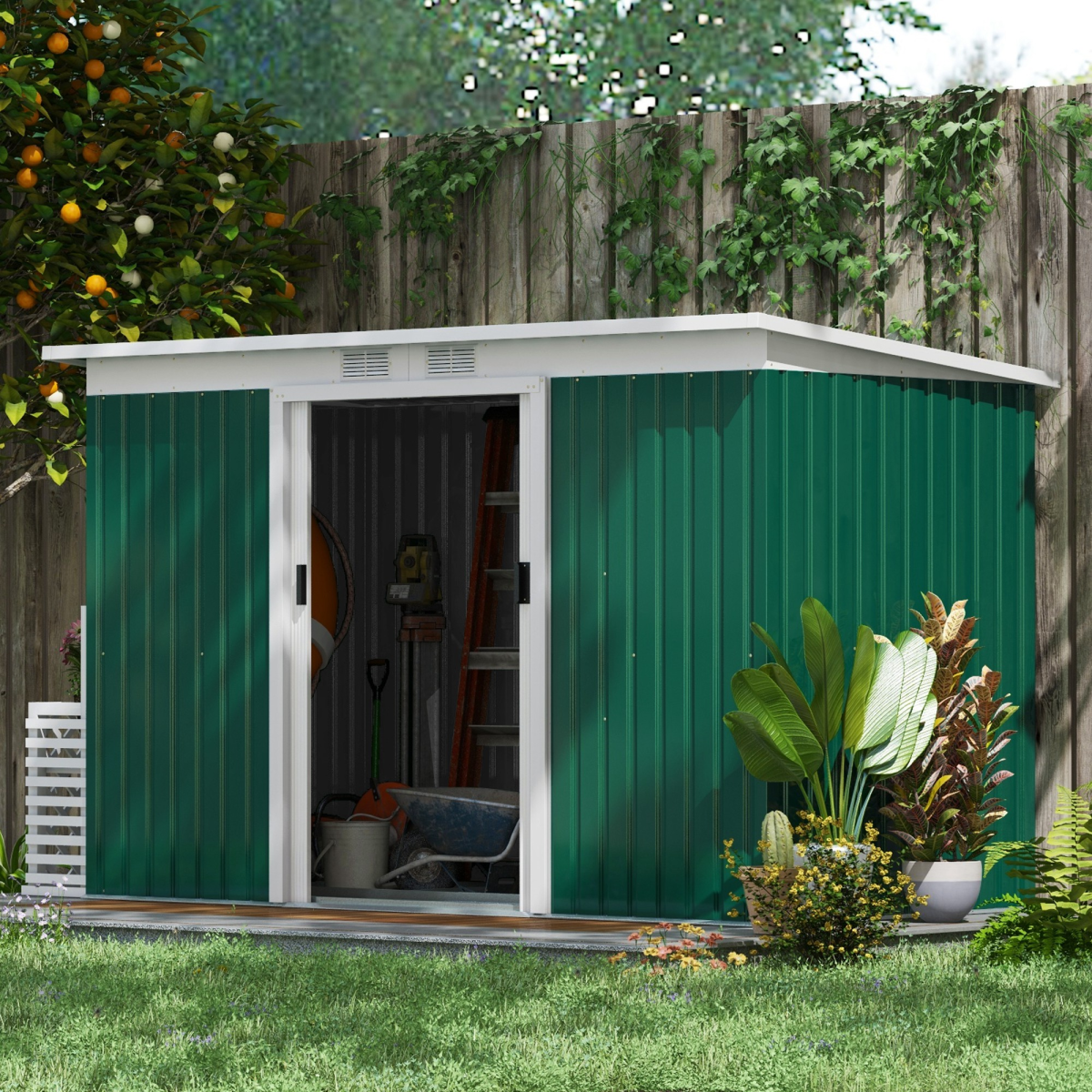 Metal Garden Shed with Sliding Lockable Double Doors, 2 Vents & Foundation Kit – 280 x 130cm, Dark Green