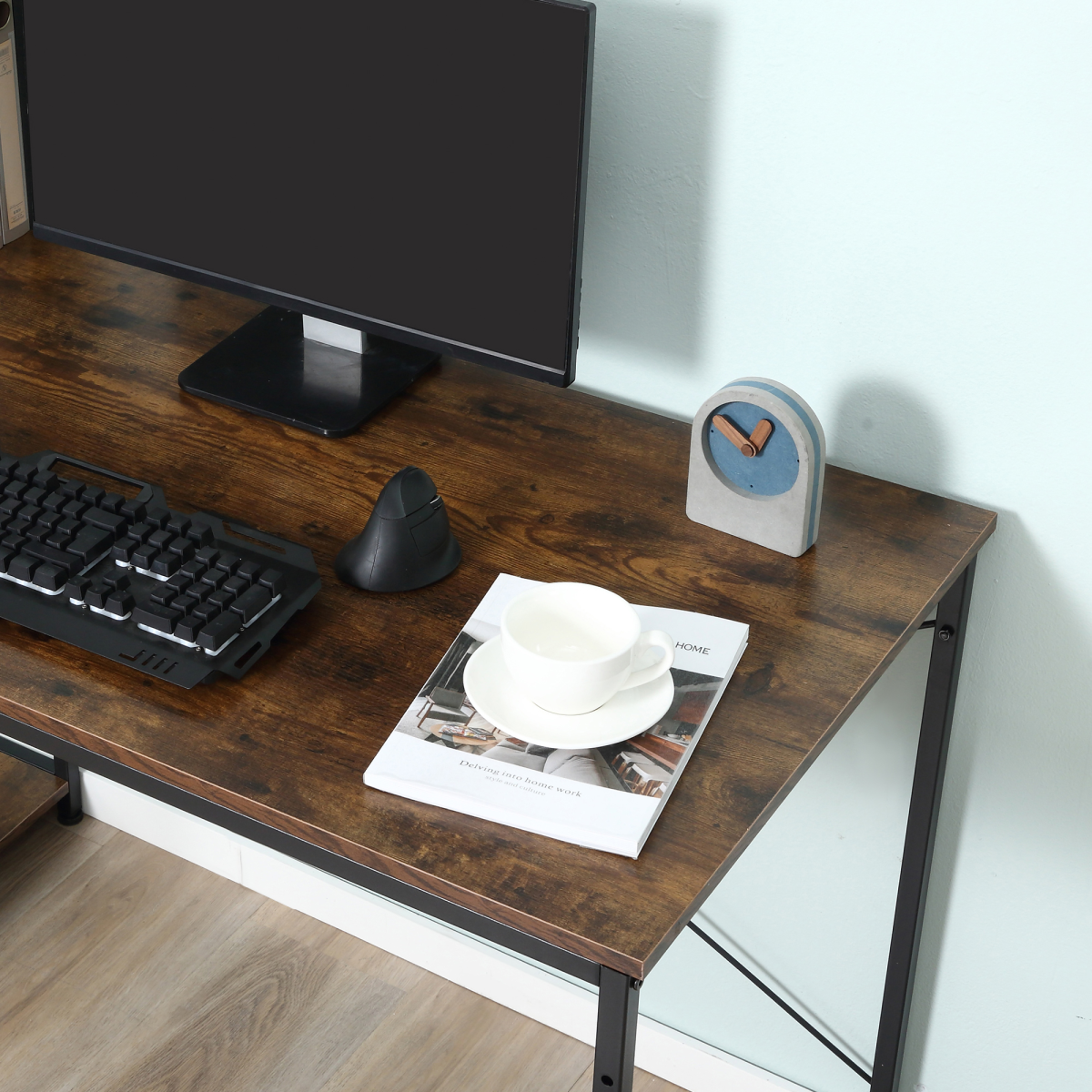 HOMCOM Computer Desk with 4-Tier Bookshelf – Home Office Study Workstation with Storage