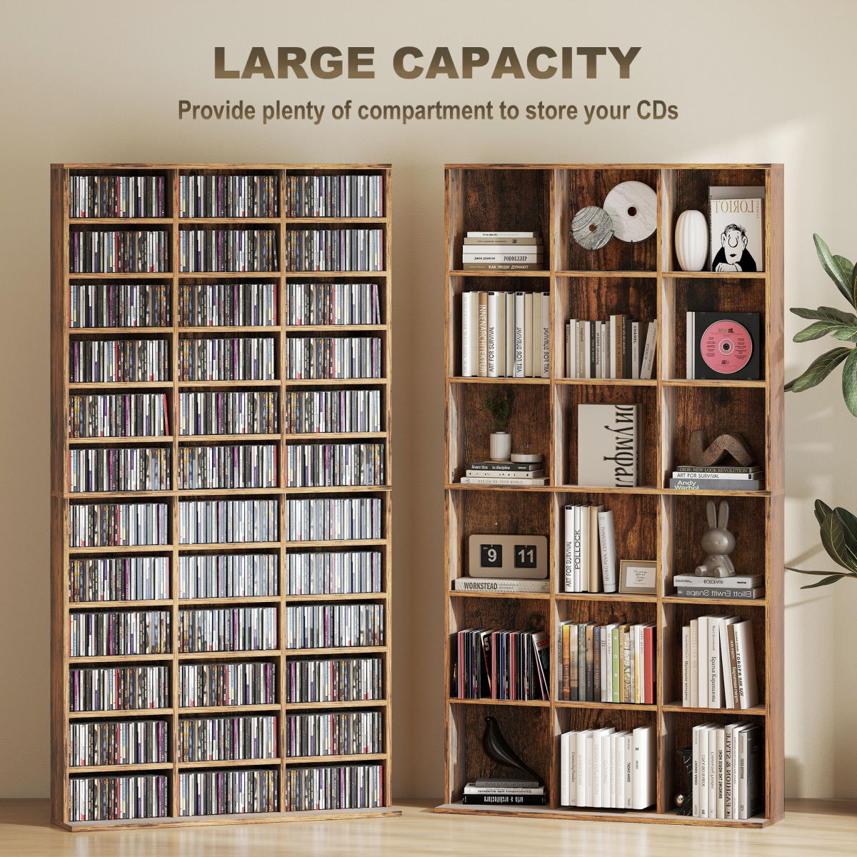 Tall Bookcase with 36 Cubes & 11 Adjustable Shelves for CDs and DVDs – Storage Cabinet, Rustic Brown